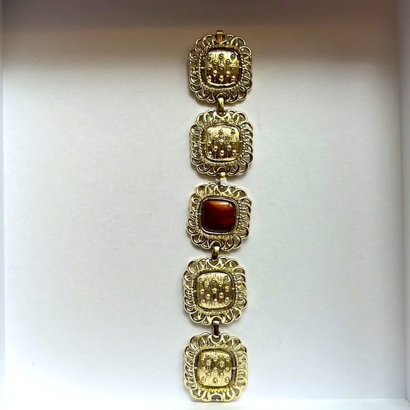 Vintage Brown Moonglow Lucite Bracelet Reversible Swivel Links Gold Tone Panel - Picture 8 of 9